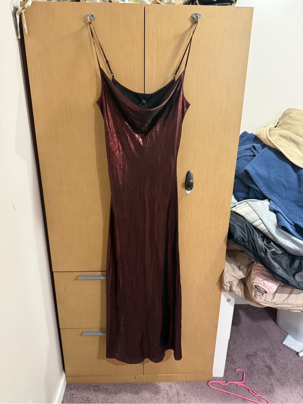 All Saints Burgundy Satin Cowl Slip Maxi Dress